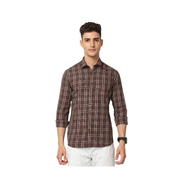 Classic Polo Mens Cotton Full Sleeve Printed Slim Fit Polo Neck Brown Color Woven Shirt | SO1-174 B-FS-PRT