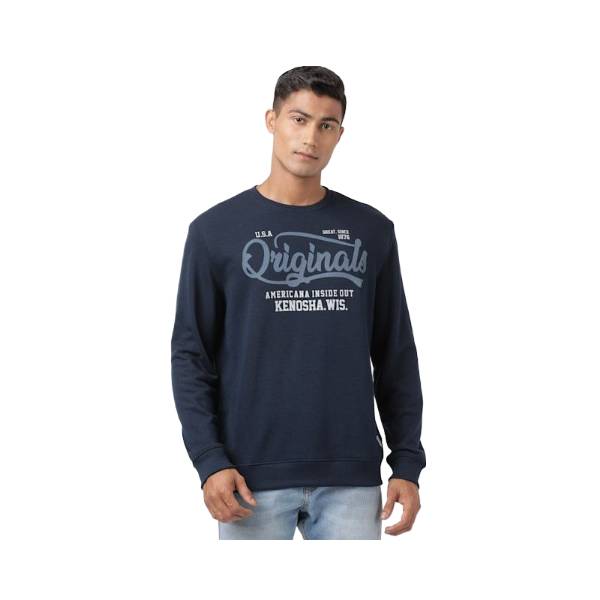 Men's Super Combed Cotton Rich French Terry Printed Sweatshirt with Ribbed Cuffs - Navy