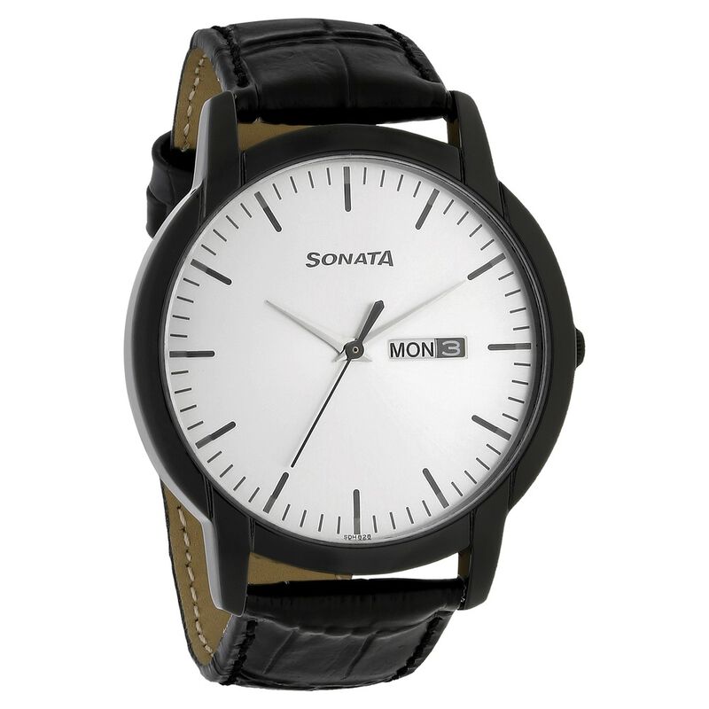 NP77031NL02 Sonata Quartz Analog with Day and Date Grey Dial Leather Strap Watch for Men