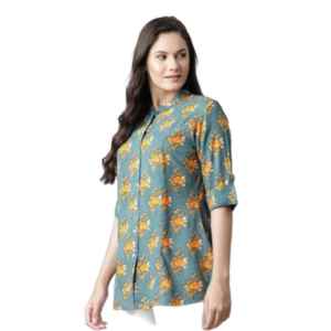 Divena Sea Green Rayon Printed Shirt Style A-line Top