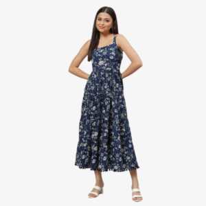 Divena Blue Floral Shoulder Strip Long Dress