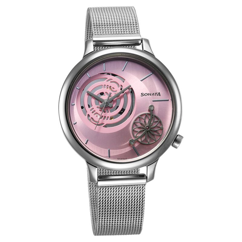 Sonata Unveil Quartz Analog Pink Dial Stainless Steel Strap Watch for Women 8190SM01