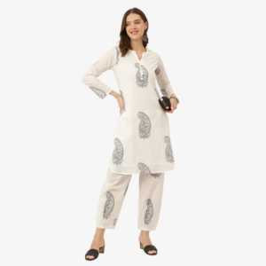 Divena White Paisley Print Cotton Co-ord Set with Mulmul Cotton Lining