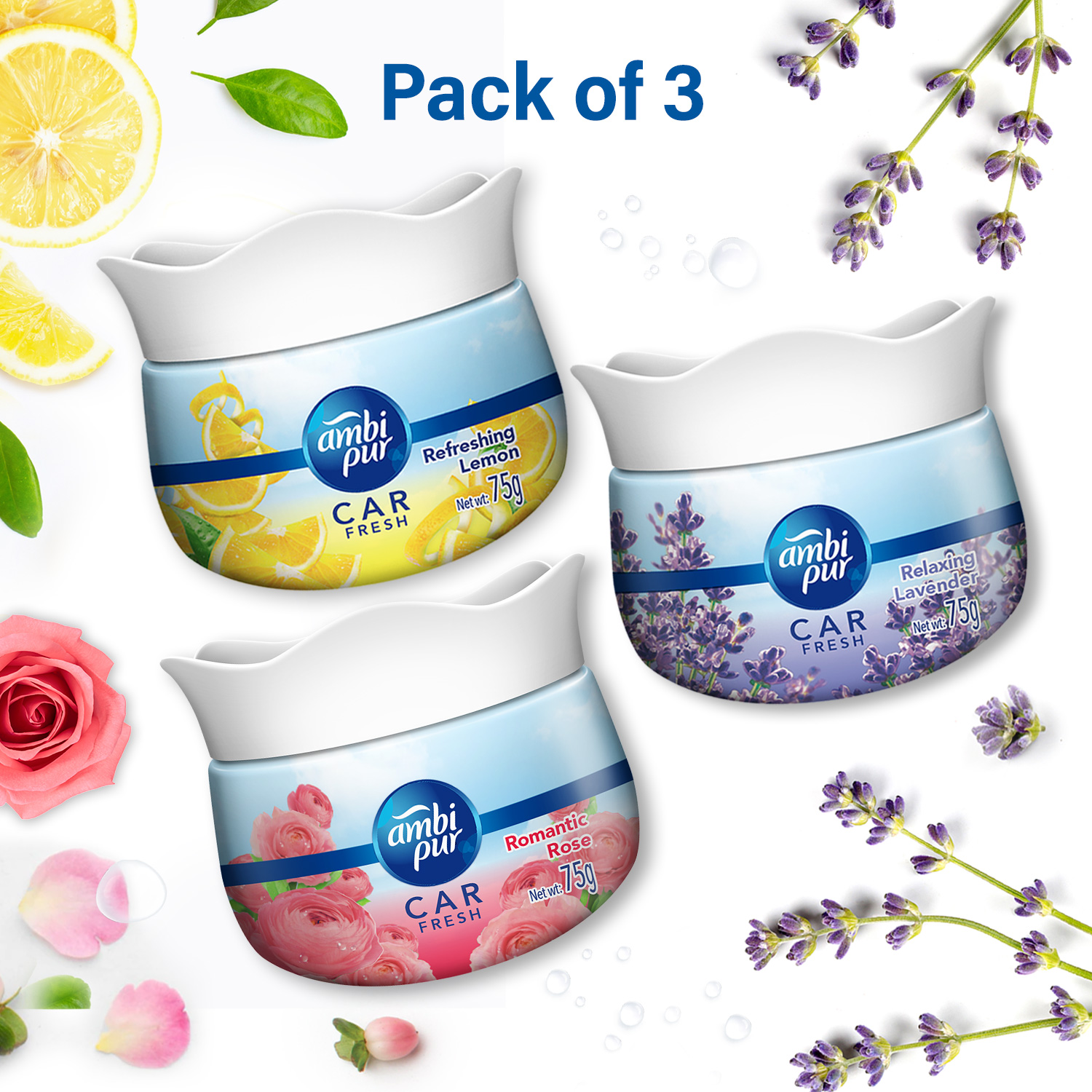 Ambi Pur Car Freshener Gel Pack of 3 – 75g each Refreshing Lemon , Relaxing Lavender , Romantic Rose