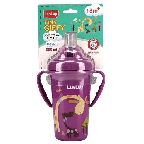 LuvLap Tiny Giffy Sippy Plastic Cup - With Silicone Straw, Flip Lid, 18M+, Purple, 300 ml