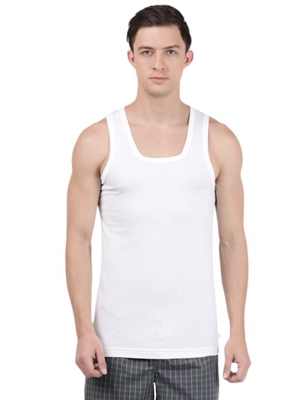 Men's Super Combed Cotton Round Neck Sleeveless Vest with Extended Length for Easy Tuck - White