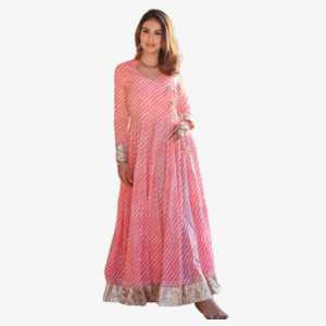 Divena Pink Leheriya Cotton Anarkali With Copper Lace