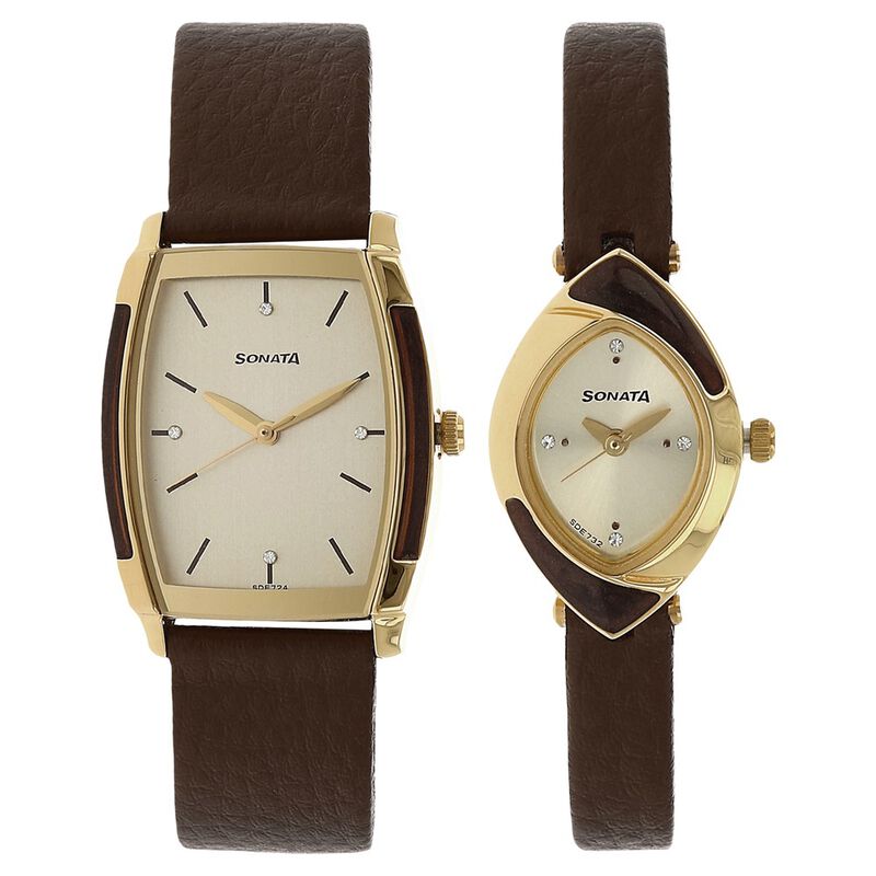 Sonata Quartz Analog Champagne Dial Leather Strap Watch for Couple NL70808069YL01