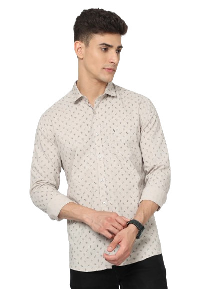 Classic Polo Men's Cotton Full Sleeve Printed Slim Fit Polo Neck Cream Color Woven Shirt | So1-151 B