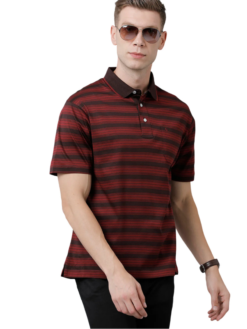 T-shirt Classic Polo Men's Cotton Half Sleeve Striped Authentic Fit Polo Neck Brown Color T-Shirt | Ultimo - 305 B