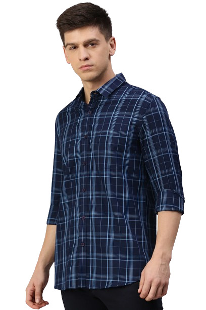 Classic Polo Men's Cotton Full Sleeve Checked Slim Fit Polo Neck Navy Color Woven Shirt | So1-102 A