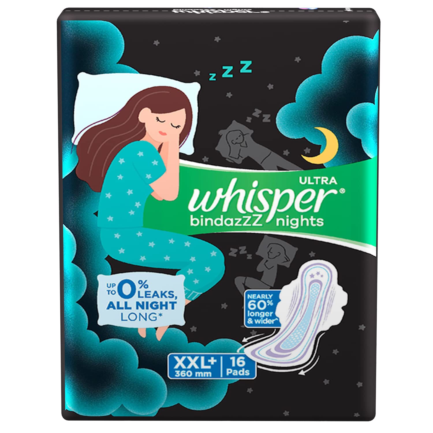 Whisper Ultra Night Sanitary Pads for Women, XXL+ 16 Napkins