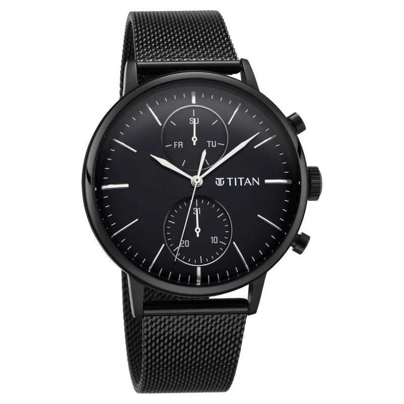 Titan Light Leathers Black Dial Quartz Multifunction Stainless Steel Strap Watch for Men