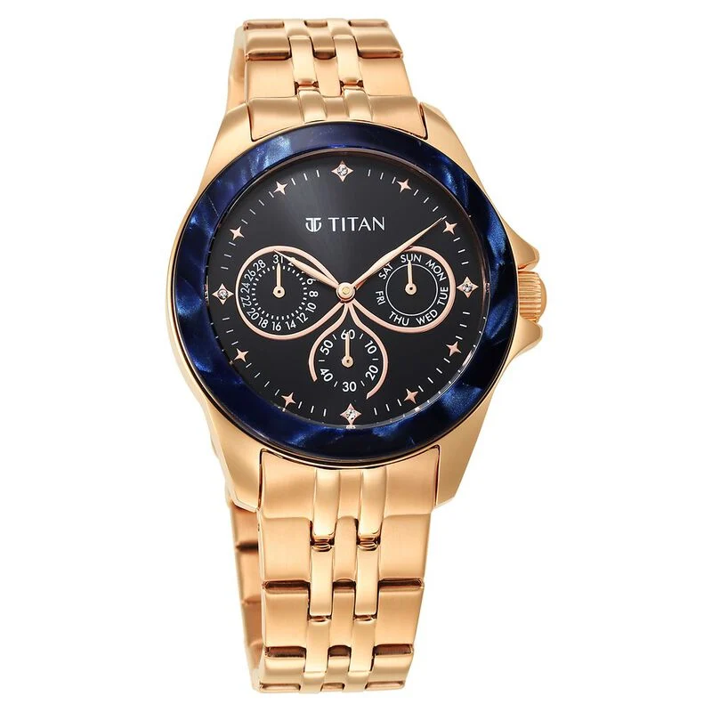 Titan Purple Acetate Black Dial Women Watch With Stainless Steel Strap