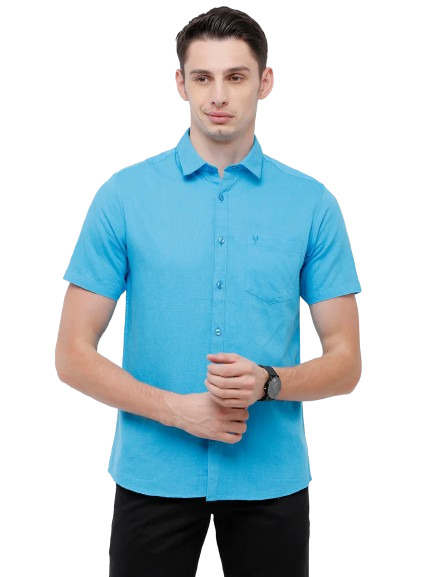 Classic Polo Mens Solid Milano Fit Half Sleeve Polo Neck Blue Woven Shirt -Mica Blue HS