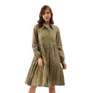 Divena Green Paisley Printed Cotton Dress for Women