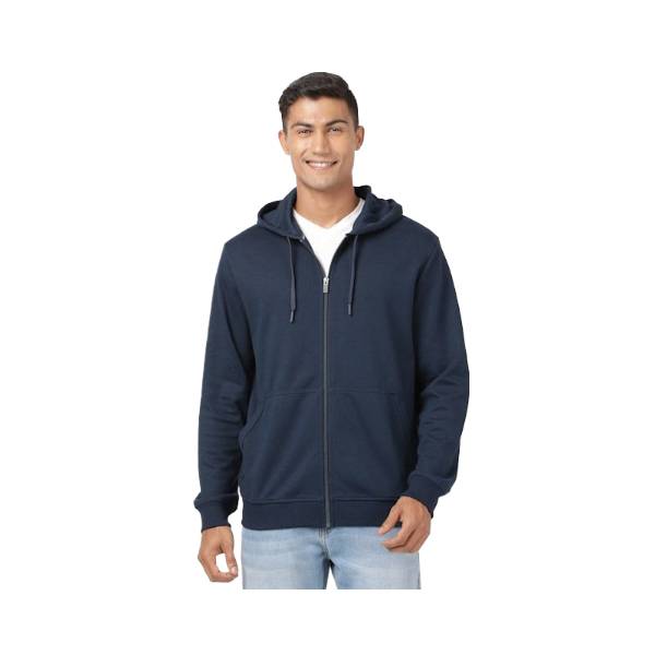 Men's Super Combed Cotton Rich Pique Fabric Ribbed Cuff Hoodie Jacket - Navy