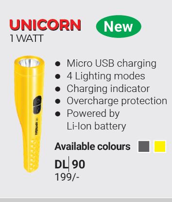 EVEREADY Unicorn DL90 | Led Torch Cum Emergency Sidelight | 1W Torch & 2W Sidelight | 4 Lighting Modes | Micro-USB Fast Charging | Powered by Li-Ion Battery | Durable ABS Plastic Body | Grey & Yellow