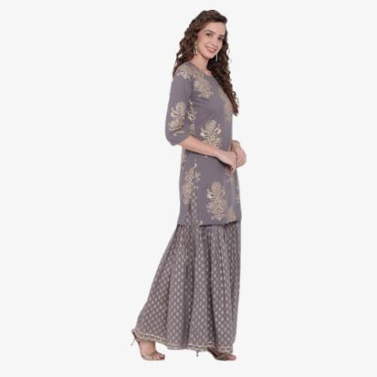Divena Grey Foil Print Cotton Sharara Set with Net Dupatta Plus Size Kurta Set