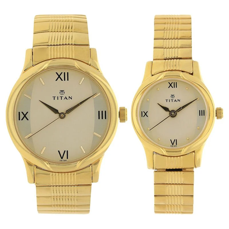 Titan Quartz Analog Champagne Dial Metal Strap Watch for Couple