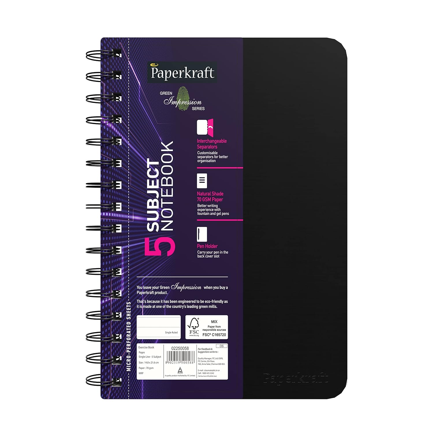 Paperkraft Green Impression 5 Subject Notebook - Single Line(216X148)