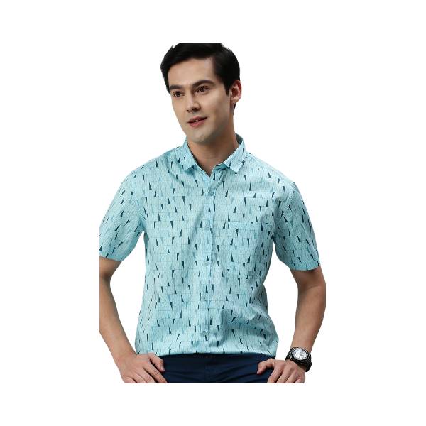 Classic Polo Men's Cotton Half Sleeve Printed Slim Fit Polo Neck Light Blue Color Woven Shirt | So1-150 B