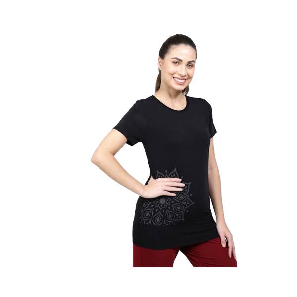 Women's Tencel Lyocell Elastane Stretch Graphic Print Relaxed Fit Half Sleeve T-Shirt with Stay Fresh Treatment - Black