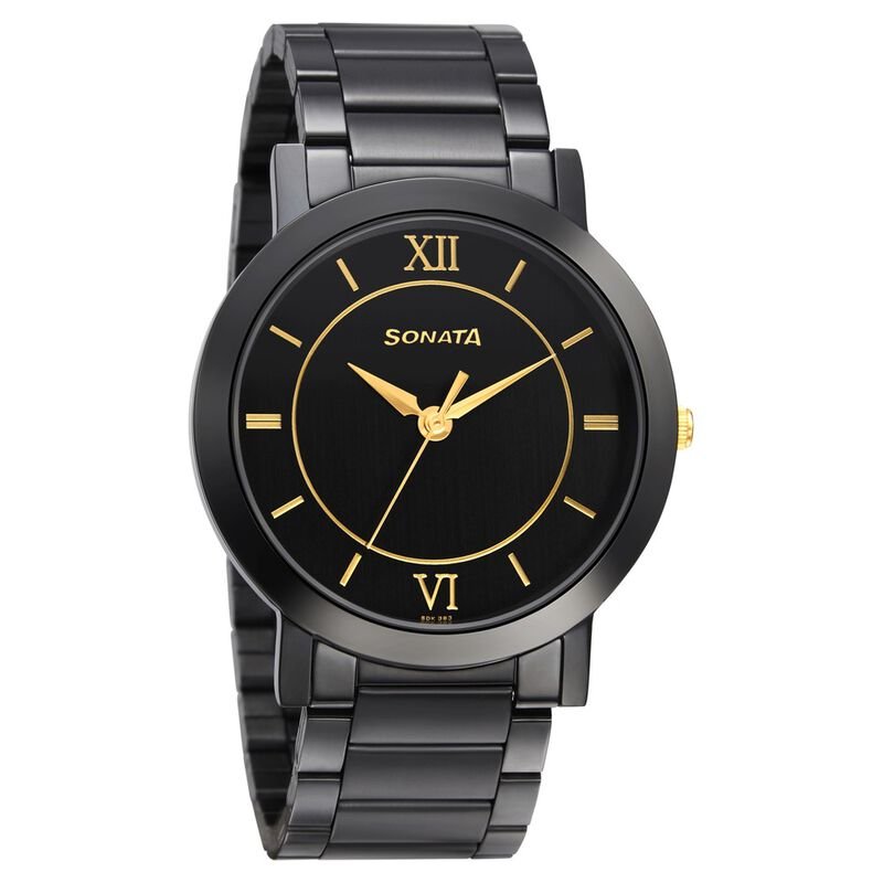 Sonata Quartz Analog Black Dial Metal Strap Watch for Men NR77108KM01W