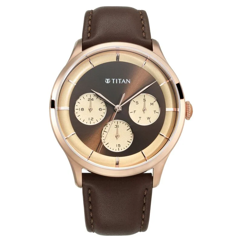 Titan Quartz Multifunction Brown Dial Leather Strap Watch for Men