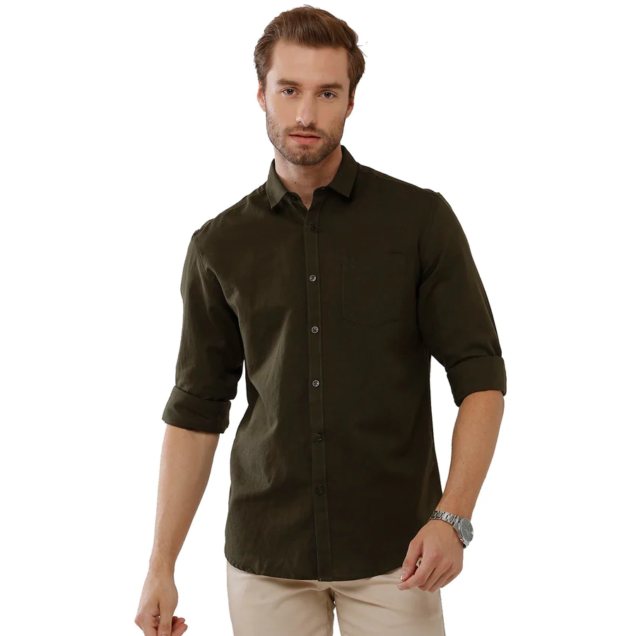 Classic Polo Mens Solid Milano Fit Full Sleeve Olive Green Color Woven Shirt - Olive Fs