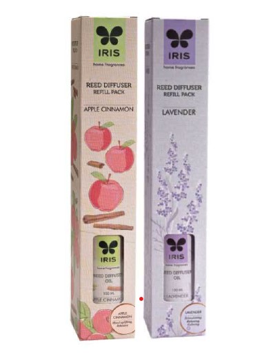 Cycle IRIS Reed Diffuser Refill Pack containing 100 ml diffuser oil and 16 reed sticks apple cinnamon and lavender fragrance