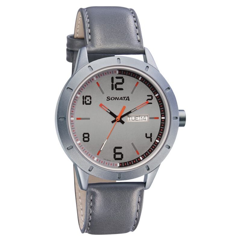 Sonata Quartz Analog with Day and Date Grey Dial Leather Strap Watch for Men 7137AL01