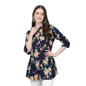 Divena Navy Blue Floral printed Rayon A-line Shirts Style Top