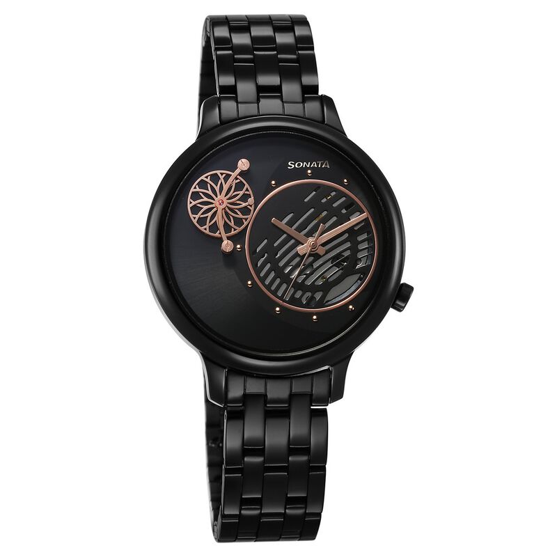 Sonata Unveil Quartz Analog Black Dial Metal Strap Watch for Women 8190NM02