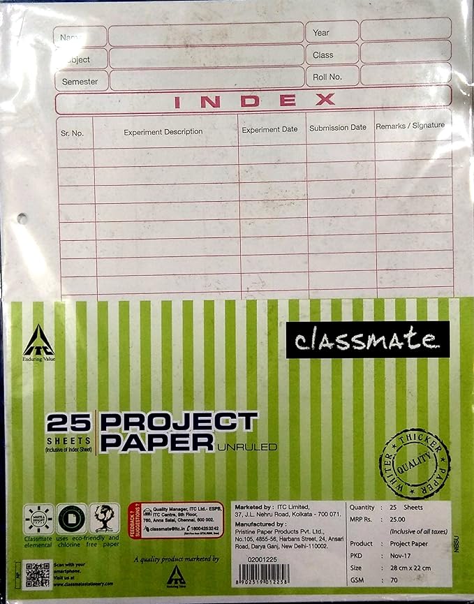 Classmate Unruled Project Papers (25 Sheets) Pack