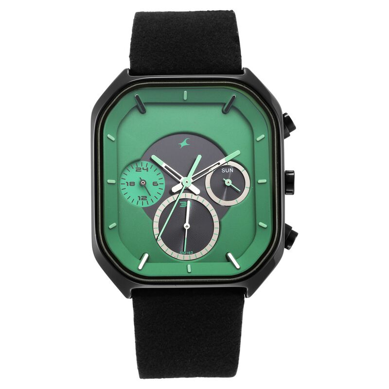 Fastrack After Dark Quartz Analog with Day and Date Green Dial Leather Strap Watch for Guys