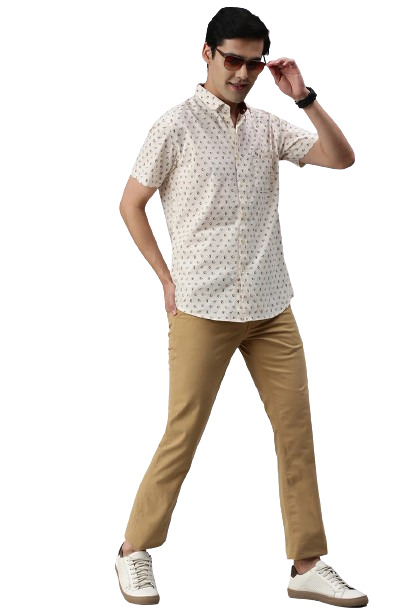 Classic Polo Men's Cotton Half Sleeve Printed Slim Fit Polo Neck Cream Color Woven Shirt | So1-14 B