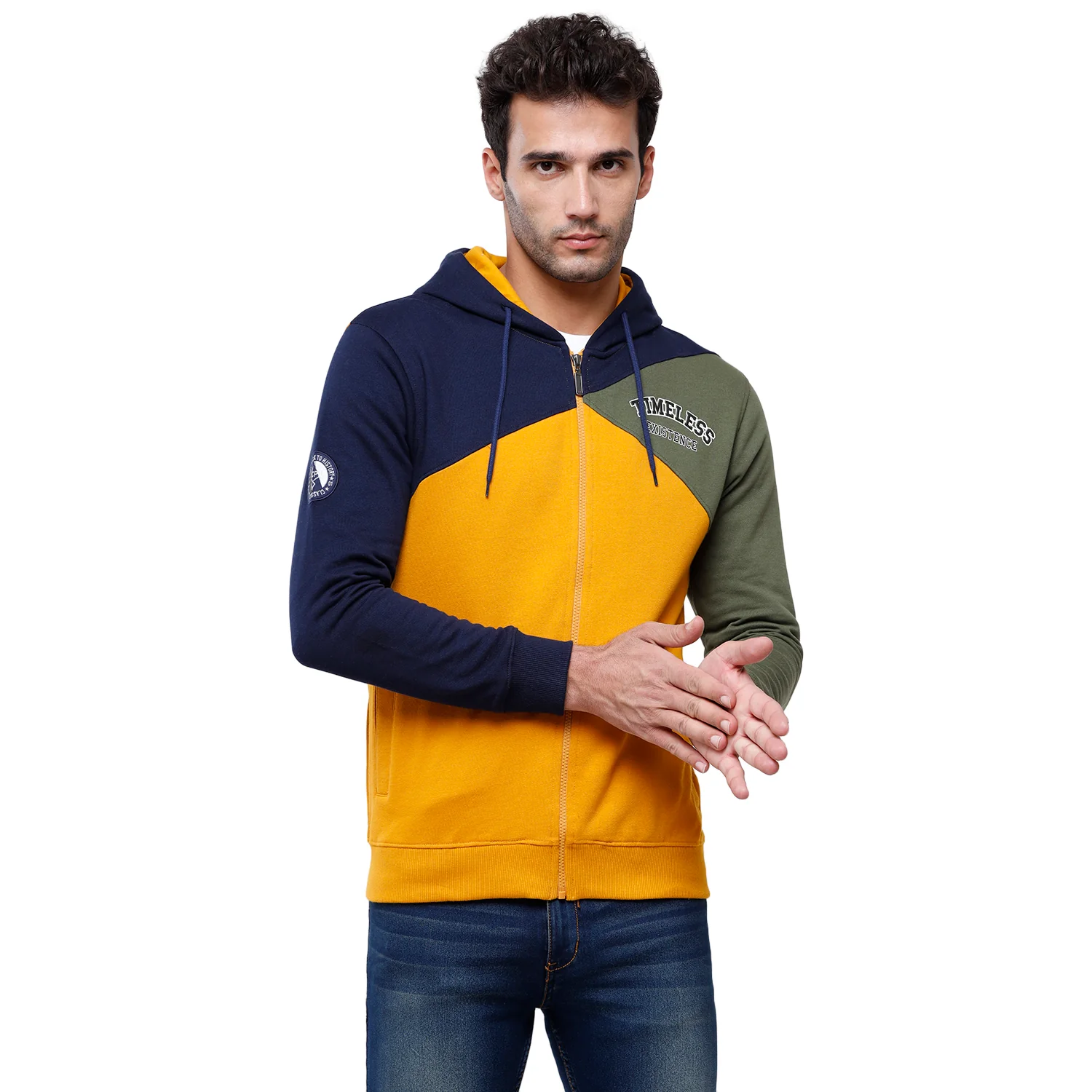 Classic Polo Men's Color Block Full Sleeve Yellow & Blue Hood Sweat Shirt - CPSS - 326A