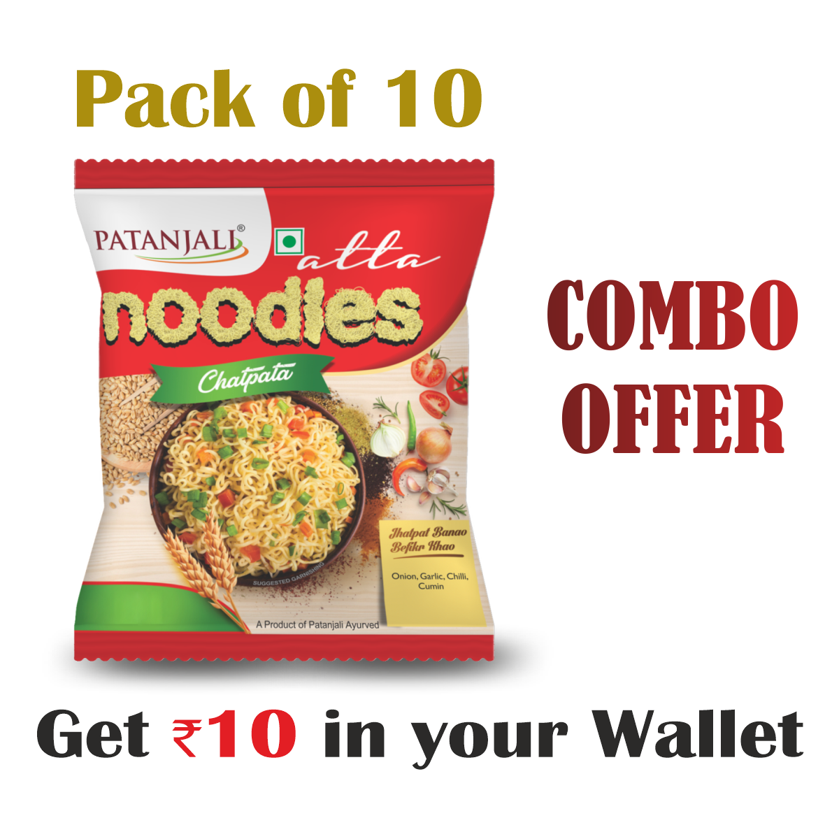 Patanjali Pack of 10- Atta Noodles Chatpata 60gm- Rs 10 Off