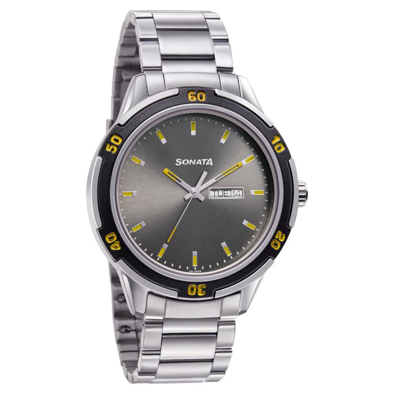 Sonata Quartz Analog with Day and Date Grey Dial Metal Strap Watch for Men NP7138KM03