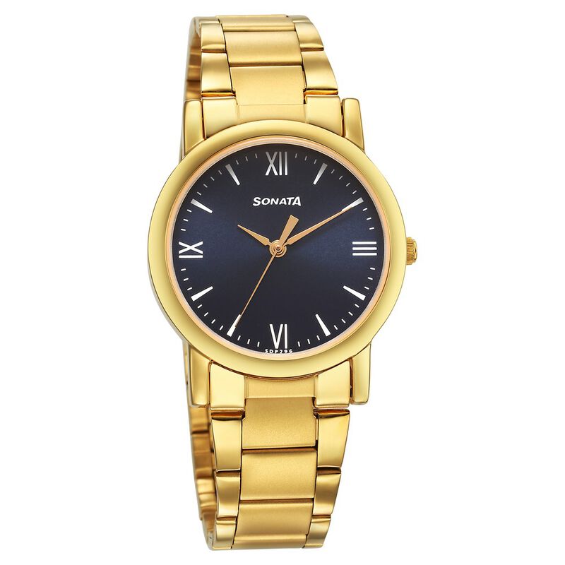 Sonata Classic Quartz Analog Blue Dial Golden Stainless Steel Strap Watch for Men 7987YM14W