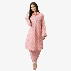 Divena Pink Cotton Shirt Style Kurta Hem Cuffed Pant Co-ord Set