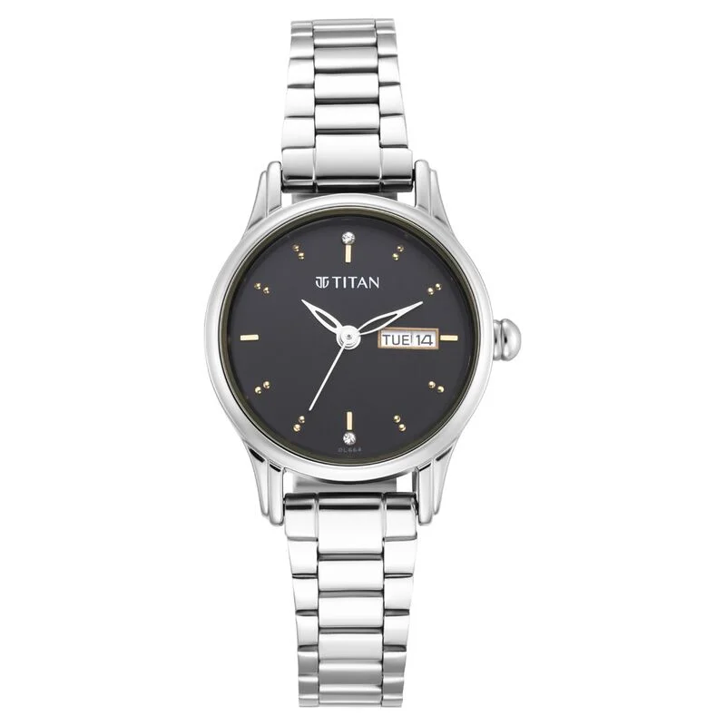Titan Lagan Black Dial Analog with Day and Date Metal Strap Watch for Women