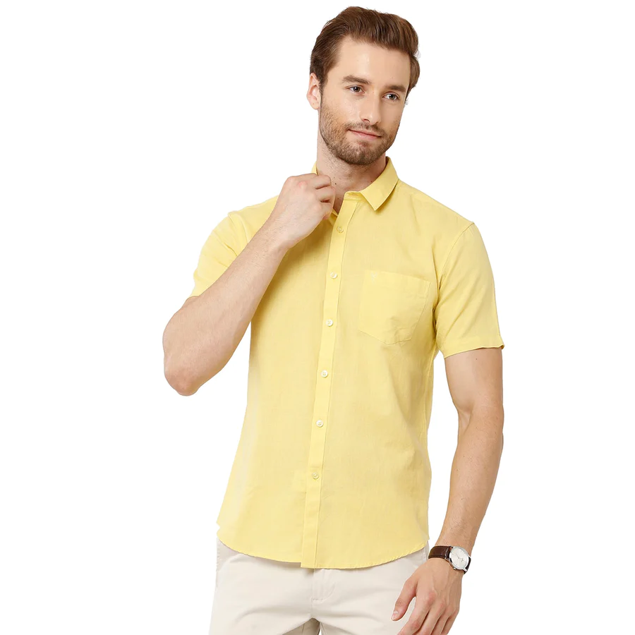 Classic Polo Mens Solid Milano Fit Half Sleeve Woven Shirt -Mica Yellow HS