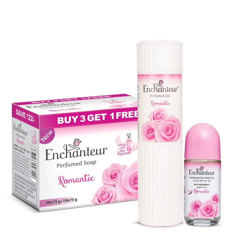 Enchanteur Perfumed Romantic Bathing Bar 75gms Pack of 3+1 , Romantic Talc 125gms & Romantic Roll-On Deodorant 50ml