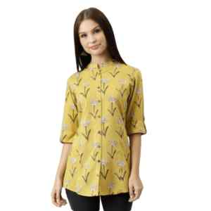 Divena Mustard Floral Rayon A-line Shirts Style Top