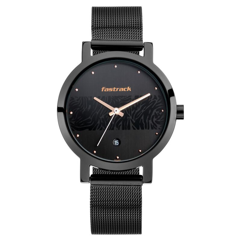 Fastrack Animal Print Quartz Analog with Date Black Dial Stainless Steel Strap Watch for Girls