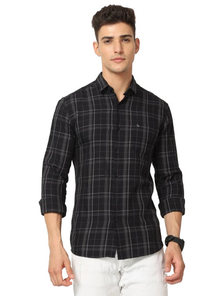 Classic Polo Mens Cotton Full Sleeve Checked Slim Fit Polo Neck Black Color Woven Shirt | SO1-102 B-FS-CHK