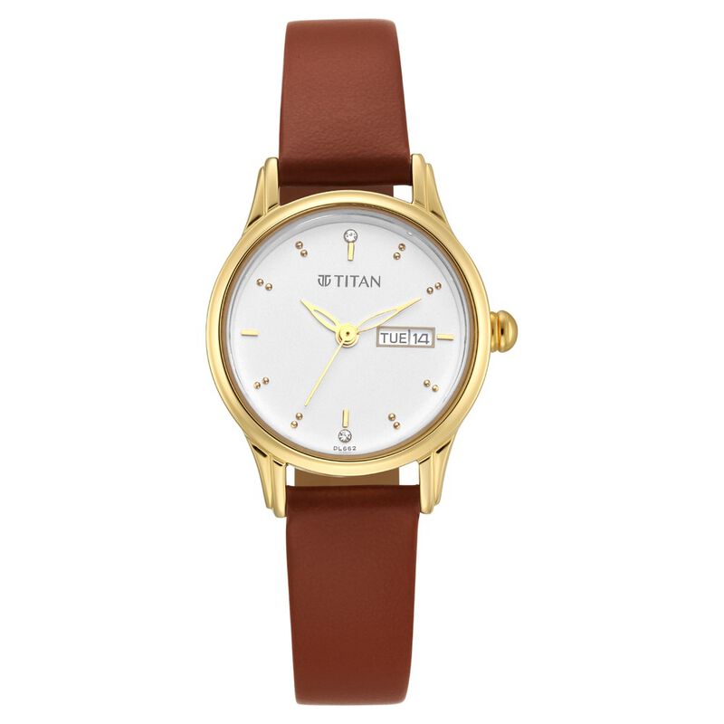 Titan Lagan White Dial Analog with Day and Date Leather Strap Watch for Women