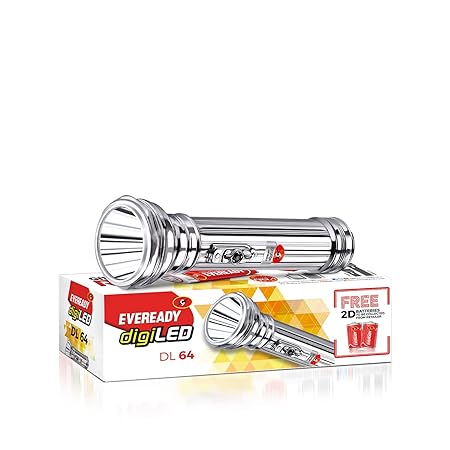 Eveready Jeevansathi DL64 | 0.75W LED Torch with Classic & Retro Touch | Powered by 2 x D Battery | Super Bright White LED | Flasher Function | Strong & Durable Brass Body | 6 Month Warranty | Silver